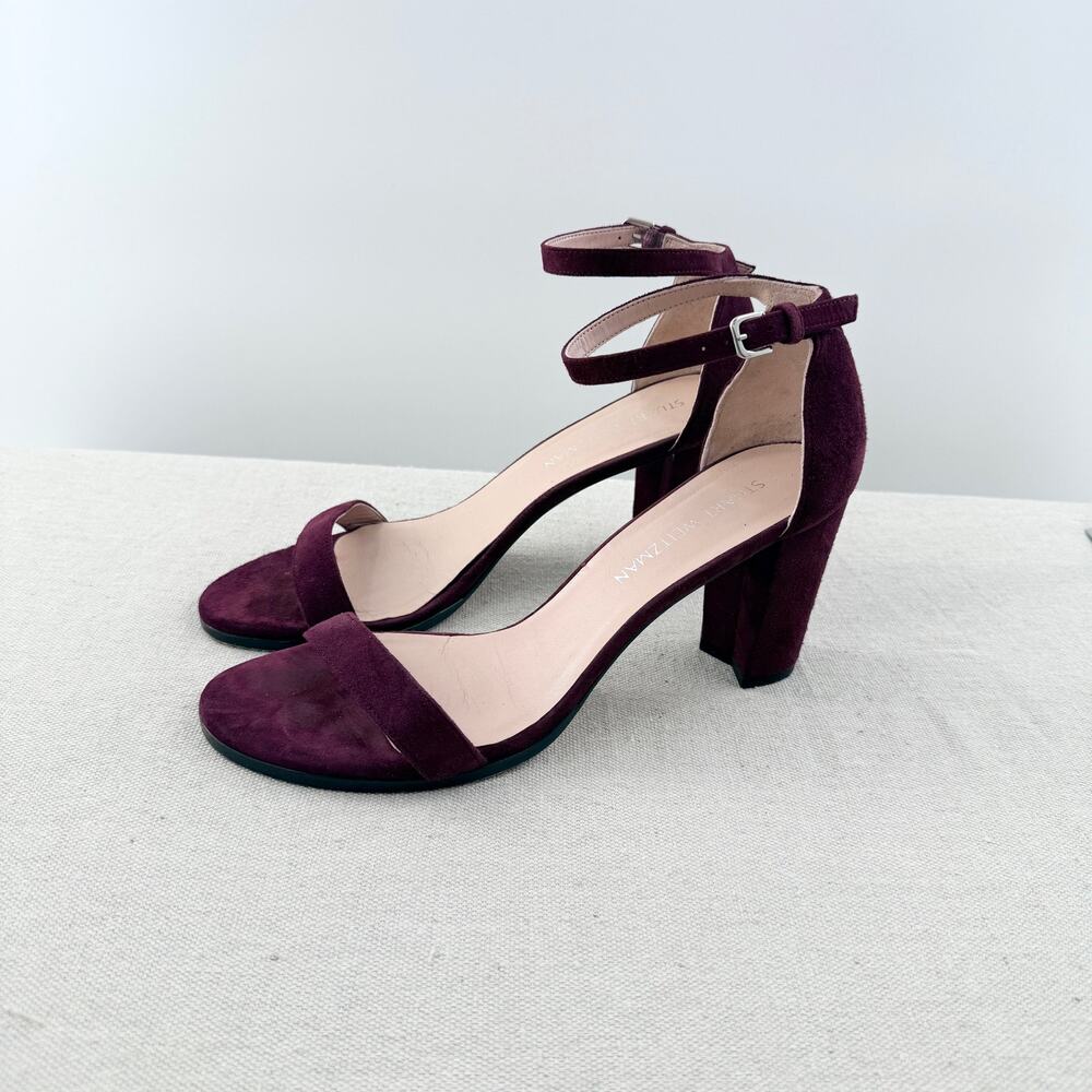 Stuart Weitzman Suede Slip On Ankle Strap Block Heel Sandals Purple Womens EU 40